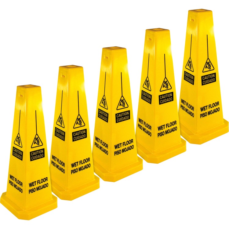 Genuine Joe Bright 4-sided CAUTION Safety Cone, 5/Carton, Cone Shape, Stackable, Four Sided, Polypropylene, Yellow (GJO58880CT)