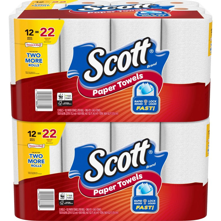 Scott Choose-A-Sheet Paper Towels, Mega Rolls, 1 Ply, 11" x 6", 102 Sheets/Roll, White, Perforated, Absorbent, For Hand, 24/Carton (KCC38869CT) Case of 24