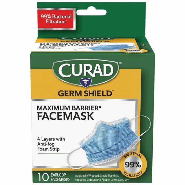 Curad Germ Shield Medical Grade Maximum Barrier Face Mask, Pleated, 10/Box (MIICUR812S)