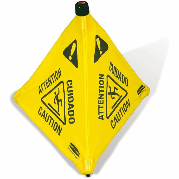 Rubbermaid Commercial 30" Pop-Up Caution Safety Cone, 12/Carton, CAUTION Print/Message, 9" x 30" Height, Cone Shape, Durable, Multilingual, Three-sided, Foldable, Yellow (RCP9S0100YLCT) Case of 12