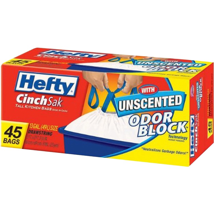 Hefty Cinch Sak Tall Kitchen & Trash Bags, .9 mil, 13gal, White, 45/Box, 6 Boxes/CT (RFPE84572CT) Case of 270