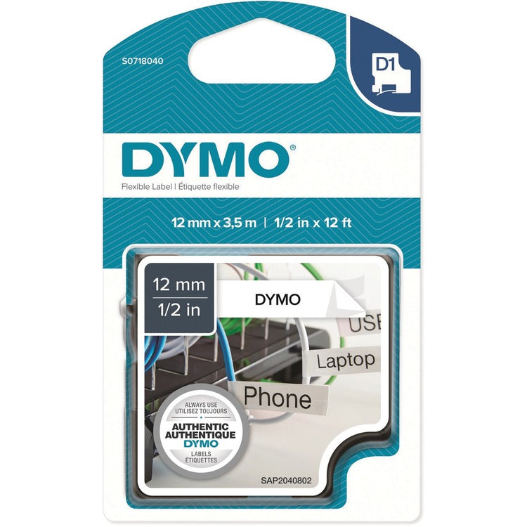 Dymo D1 Flexible Nylontape 12mm, 15/32" Width, Permanent Adhesive, Arched Rectangle, Black, White, Nylon, Self-adhesive, Flexible (DYMS0718040)