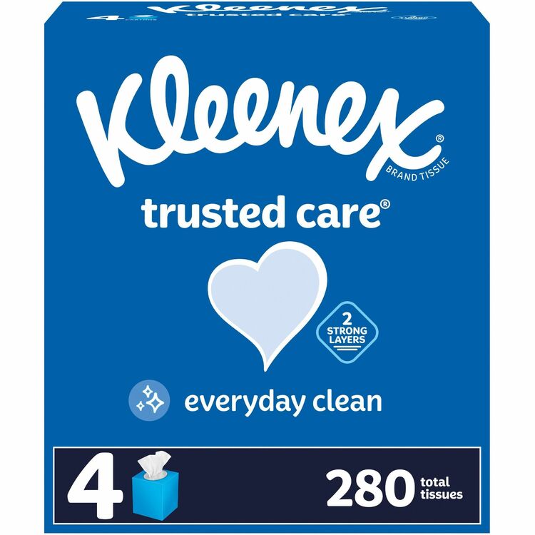 Kleenex Trusted Care Tissues, 2 Ply, 8.20" x 8.40", White, Soft, Strong, Absorbent, Durable, Pre-moistened, For Home, Office, School, 4 Box/Pack, 12 Pack/Carton (KCC50184CT) Case of 12