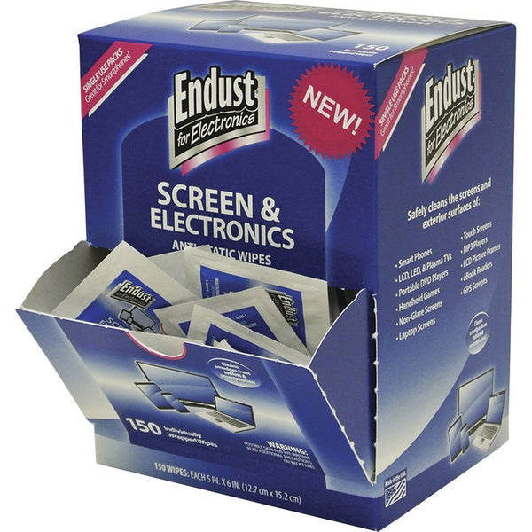 Endust Electronic Screen Wipes, Anti-Static, 5"Wx6"L, 150/Pk, Blue (NRZ14316) Pack of 150