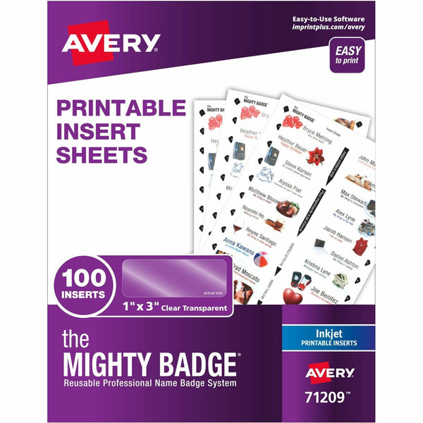 The Mighty Badge&reg; The Mighty Badge Name Badge Inserts, 1 x 3, Clear, Inkjet, 20/Sheet, 5 Sheets/Pack (AVE71209) Pack of 100