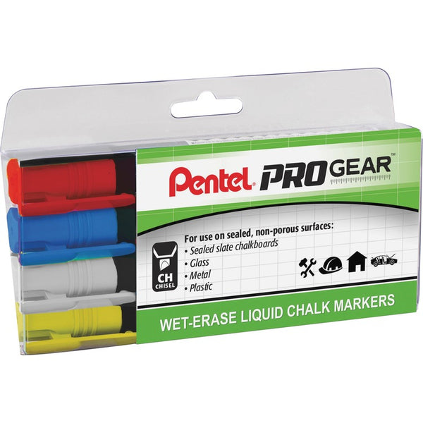 Pentel Liquid Chalk Markers, Chisel Tip, Wet-Erase, 4/Pk, Ast (PENSMW26PGPC4M1)