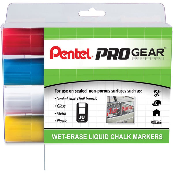 Pentel Liquid Chalk Markers, Jumbo Tip, Wet-Erase, 4/Pk, Ast (PENSMW56PGPC4M1)