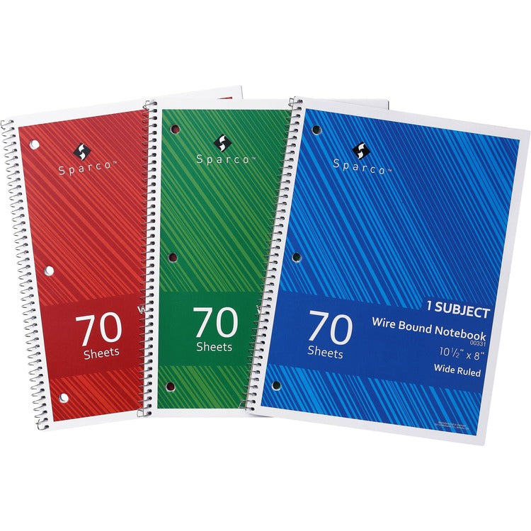 Sparco Wide Ruled Wire-bound Notebook, Wire Bound, 3 Hole(s), 0.3" x 8"10.5", Stiff-cover, Stiff-back, Perforated, 3/Pack (SPR00331) 1 Pack
