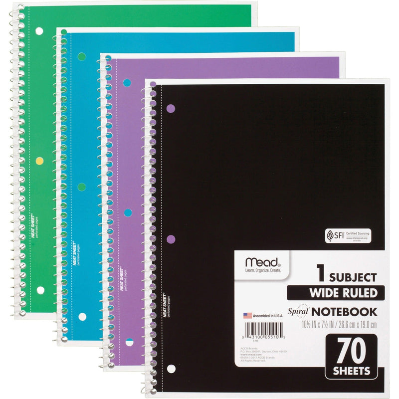 Mead Spiral Notebook, 1 Subject, 70 Pg, 10-1/2"X7-1/2" , 4/Pk, Ast (MEA72873) Pack of 4