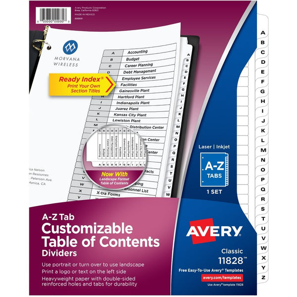 Avery&reg; A-Z Black & White Table of Contents Dividers, 26 x Divider(s), Table of Contents, A-Z, 26 Tab(s)/Set (AVE11828)