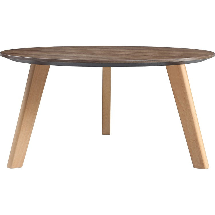 Lorell Relevance Walnut Round Coffee Table, 15.8" x 32", Knife Edge, Material: Natural Wood Leg, Finish: Walnut Laminate Table Top (LLR16247)