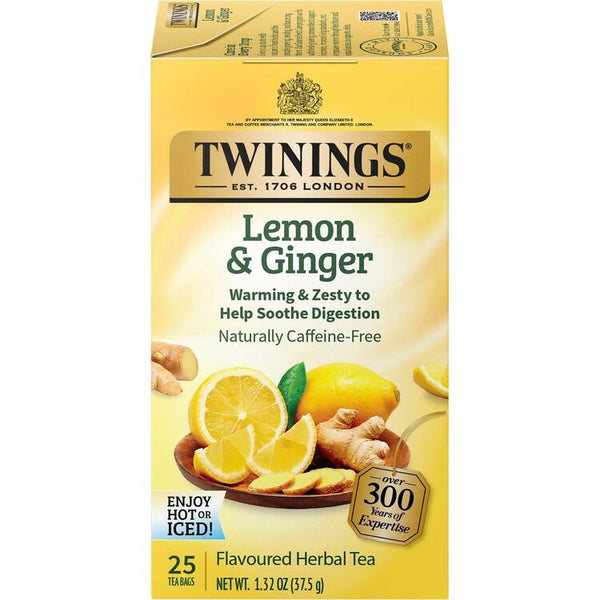 Twinings of London Tea Bags, Lemon and Ginger, 1.32 oz Tea Bag, 25 Tea Bags/Box (TWG09180) Box of 25