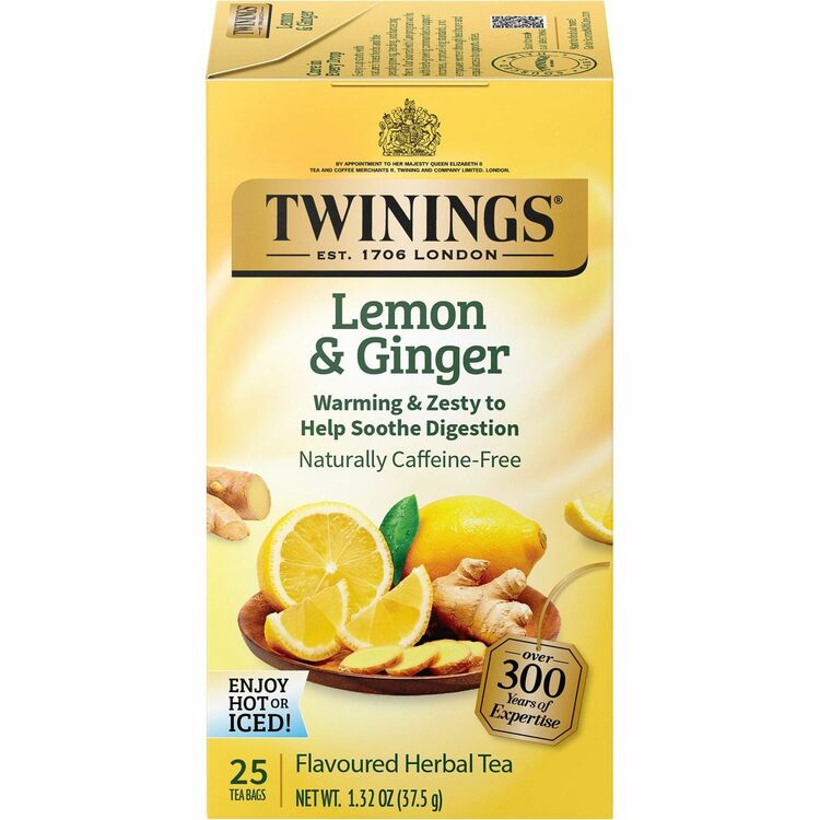 Twinings of London Tea Bags, Lemon and Ginger, 1.32 oz Tea Bag, 25 Tea Bags/Box (TWG09180) Box of 25