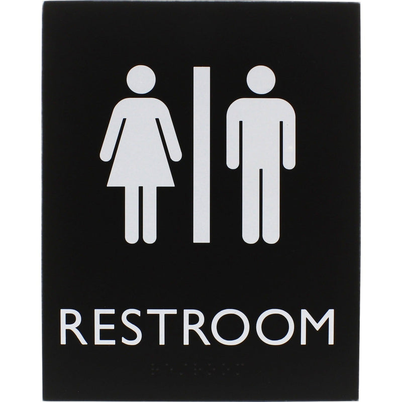 Lorell Restroom Sign, 1 Each, 6.4" x 8.5" Height, Rectangular Shape, Easy Readability, Braille, Plastic, Black (LLR02663)