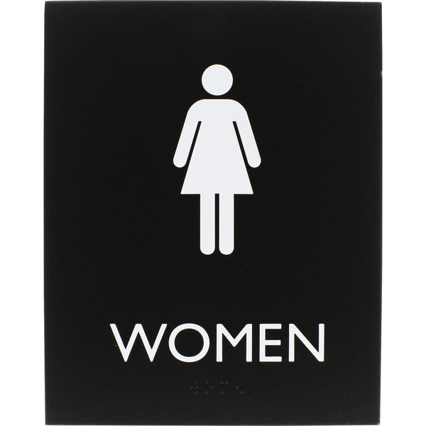 Lorell Restroom Sign, 1 Each, Women Print/Message, 6.4" x 8.5" Height, Rectangular Shape, Easy Readability, Braille, Plastic, Black (LLR02665)