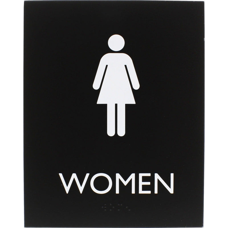 Lorell Restroom Sign, 1 Each, Women Print/Message, 6.4" x 8.5" Height, Rectangular Shape, Easy Readability, Braille, Plastic, Black (LLR02665) Each
