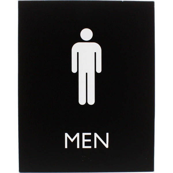 Lorell Restroom Sign, 1 Each, Men Print/Message, 6.4" x 8.5" Height, Rectangular Shape, Easy Readability, Braille, Plastic, Black (LLR02667)