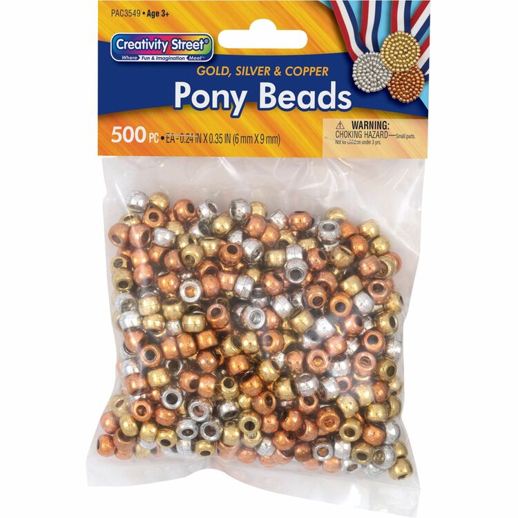 Pacon&reg; Pony Beads, 1/4"X2/5" , 500/Pk, Metallic (PAC3549) Pack of 500