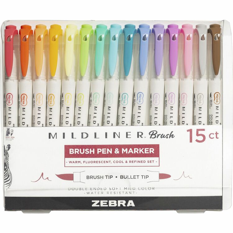 Zebra Brush Pen And Marker, 1/2"X1/2"X5-1/2" , 15/Pk, Assorted (ZEB79115) Pack of 15
