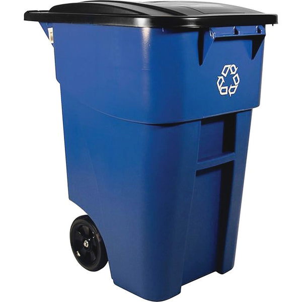 Rubbermaid Commercial Brute Recycling Rollout Container, Swing Lid, 50 gal Capacity, Blue, 2/Carton