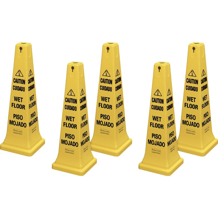 Rubbermaid Commercial 36" Safety Cone, 5/Carton, Caution, Wet Floor Print/Message, 12.2" x 36" Height, Cone Shape, Stackable, Sturdy, Plastic, Bright Yellow (RCP627677CT) Case of 5