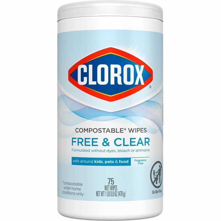 Clorox Free & Clear Compostable Cleaning Wipes, Wipe, 4.25" x 4.25" Length, 75/Each, White (CLO32486)