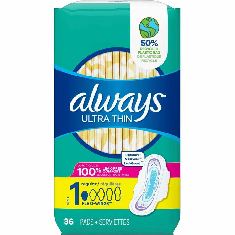 Always Ultra Thin Pads with Wings, Regular, Unscented, Size 1, 36 Per Box, 6/Case, 216 Total (PGC30656)