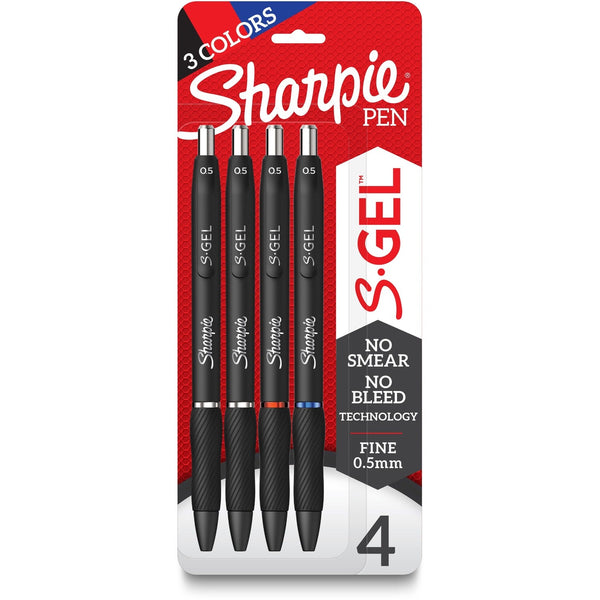 Sharpie S-Gel Pens - 0.5 mm Pen Point Size - Blue, Black, Red Gel-based Ink - Black Barrel - 4 / Pack (SAN2116199) Pack of 4