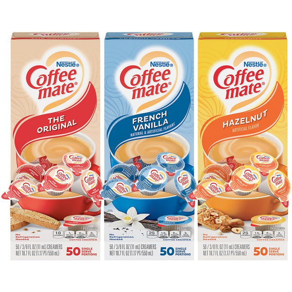 Coffee mate Variety Pack, Gluten-Free Liquid Coffee Creamer, Original, Hazelnut, French Vanilla Flavor, 150/Carton, 150 Serving (NES46193) Case of 150