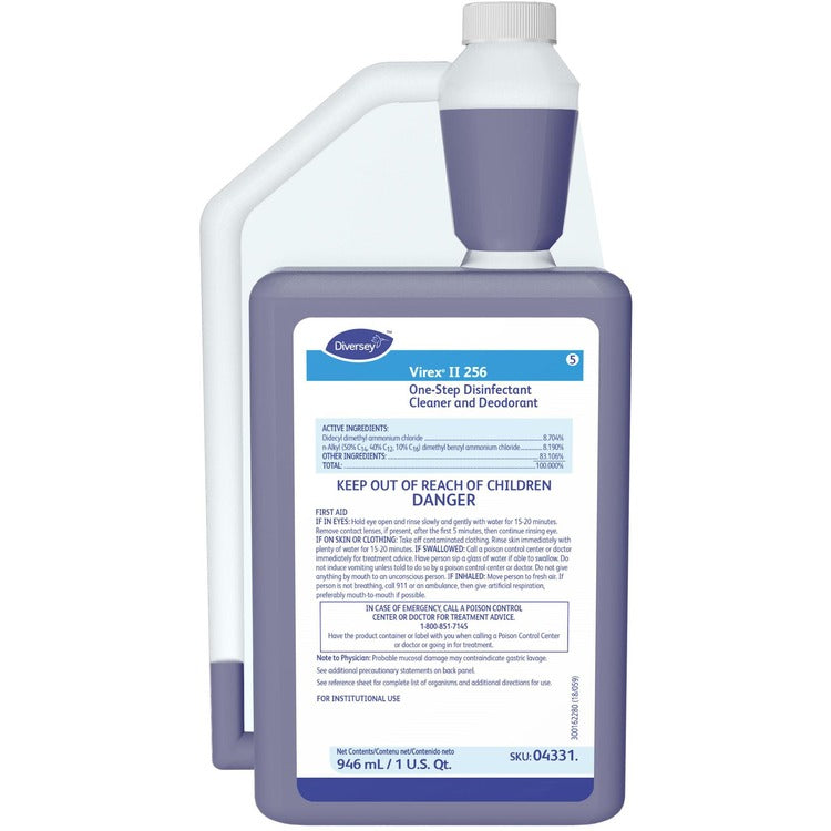 Diversey Virex II 256 Disinfectant Cleaner, Concentrate Liquid, 32 fl oz (1 quart), Minty Scent, 6/Carton, Blue (DVO04331) Case of 6