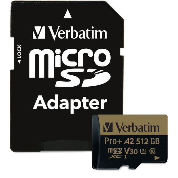 Verbatim Pro+ 512 GB Class 10/UHS-I (U3) microSDXC - 1 Pack - 100 MB/s Read - 60 MB/s Write - 666x Memory Speed - Lifetime Warranty (VER70393)