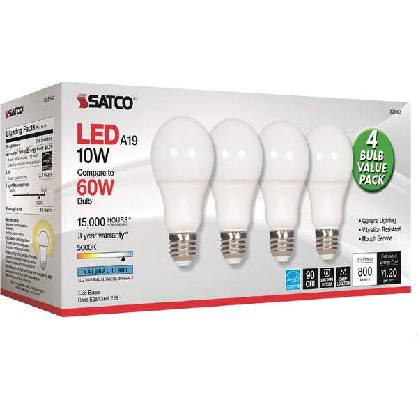 Satco Bulb, Led, 10W, A19, 5000K, 2-1/2"X9-4/5"X4-1/2" , 4/Pk, We (SDNS28563) Pack of 4