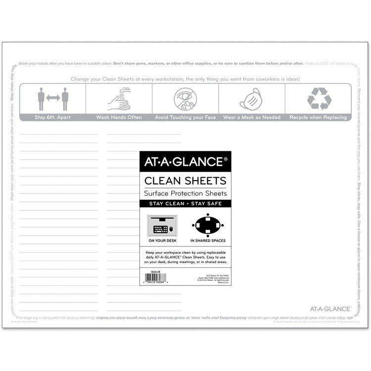 At-A-Glance Disposable Clean Sheets, 25 Sheets, 17 x 22, White, 25/Pack (AAGSK2628)