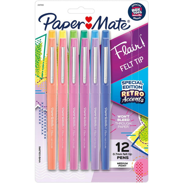 Paper Mate Flair Medium Point Pens, Medium Pen Point, Assorted Water Based Ink, 12/Pack (PAP2097886)