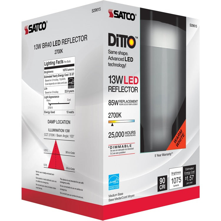 Satco 13W BR40 LED 2700K Bulb, 13 W, 85 W Incandescent Equivalent Wattage, 120 V AC, 1075 lm, BR40 Size, Frosted White, Warm White Light Color, E26 Base, 12/Carton (SDNS29615CT) Case of 12