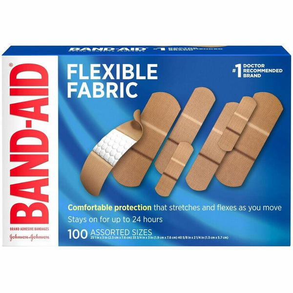 Band-Aid Flexible Fabric Adhesive Bandages, Assorted Sizes, Box of 100 Bandages - Assorted Sizes - 100/Box - 100 Per Box - Beige - Fabric (JOJ115078) Box of 100