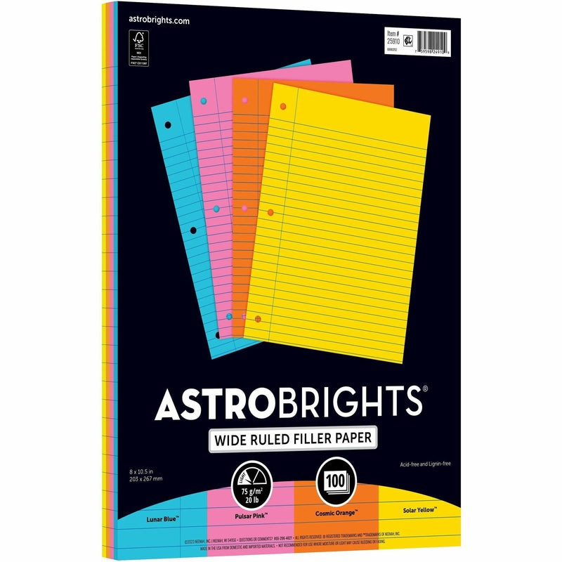 Astrobrights Filler Paper, 100 Sheets, Wide Ruled Front Ruling, 3 Hole(s), 24 lb Basis Weight, 8" x 10 1/2" Sheet Size, Neon Blue Paper, Hole-punched, Acid-free, 100/Pack (WAU2591001) Pack of 100