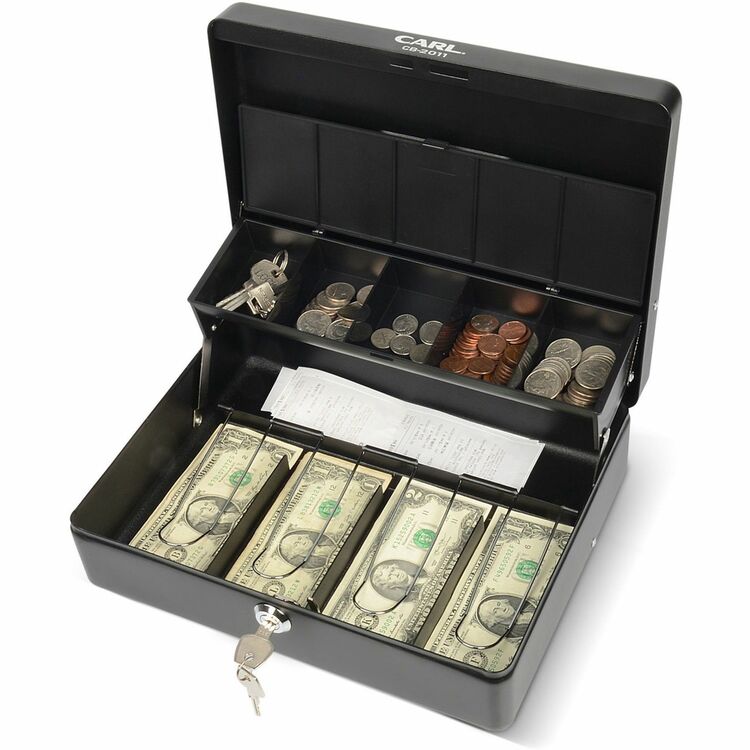 CARL Bill Slots Steel Security Cash Box - 4 Bill - 5 Coin - Steel - Black - 3.5", x 7" Width (CUI82011)