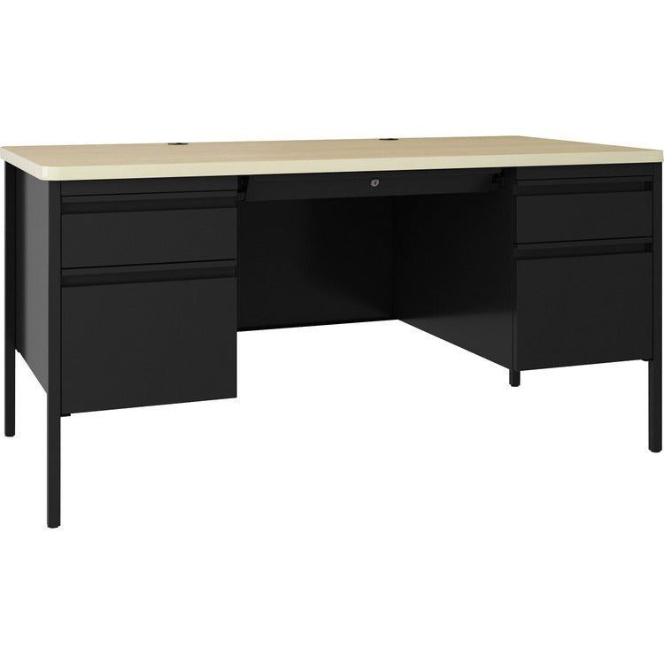 Lorell Fortress Double-pedestal Teacher's Desk, 60" x 29.5" x 30" , 0.8" Modesty Panel, Double Pedestal, T-mold Edge, Material: Steel, Laminate Surface, Finish: Maple, Black (LLR03155)