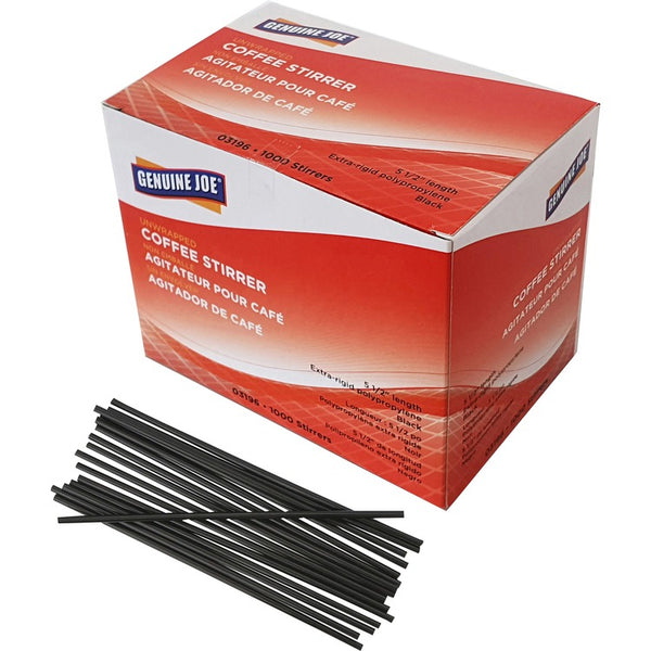 Genuine Joe Plastic Stirrers, 5.50" Length, Plastic, Polypropylene, 1000/Box, Black (GJO03196)