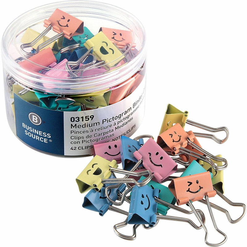 Business Source Smiling Face Emoji Binder Clips, Medium, for Paper, Office, Classroom, Sturdy, 42/Tube, Assorted (BSN03159) Each