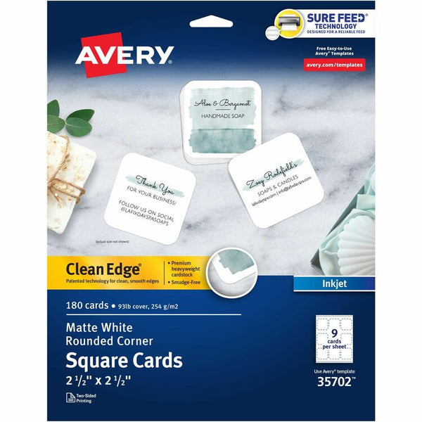 Avery&reg; Cards, Rounded Corners, Inkjet, 2-1/2"x2-1/2" ,180/PK, WE (AVE35702)