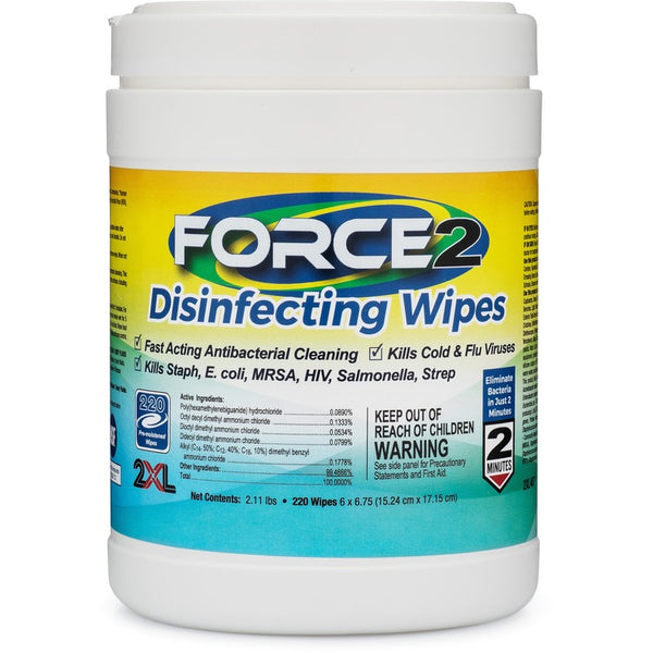 2XL FORCE2 Disinfecting Wipes, Wipe, 6" x 6.75" Length, 220/Tub, 220/Each, White (TXL407) Each