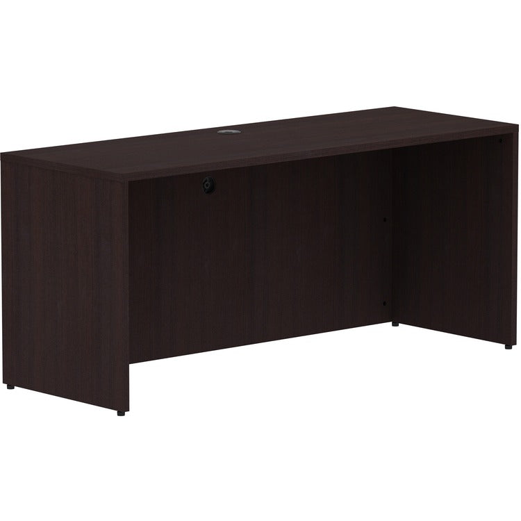 Lorell Espresso Laminate Desk, 66" x 24" x 29.5"Credenza Shell, 1" Top, Material: Polyvinyl Chloride (PVC) Edge, Metal Drawer, Finish: Espresso Laminate, Silver Brush (LLR18265)