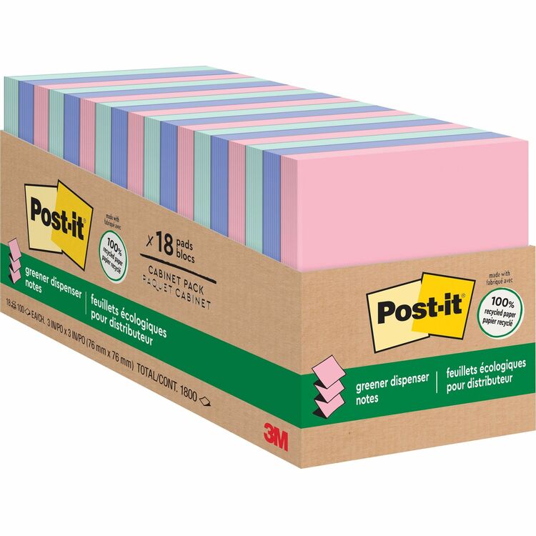 Post-it&reg; Greener Adhesive Note - 3" x 3" - Square - 100 Sheets per Pad - Assorted - 1800 / Pack (MMMR330RP18CP) Pack of 18