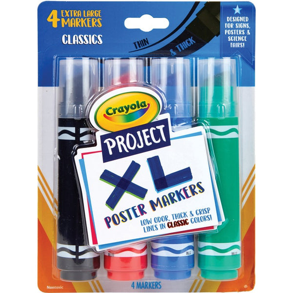 Crayola XL Classic Poster Markers, Bold Marker Point, Chisel Marker Point Style, Black, Green, Blue, Red, 4/Pack (CYO588356) 1 Pack