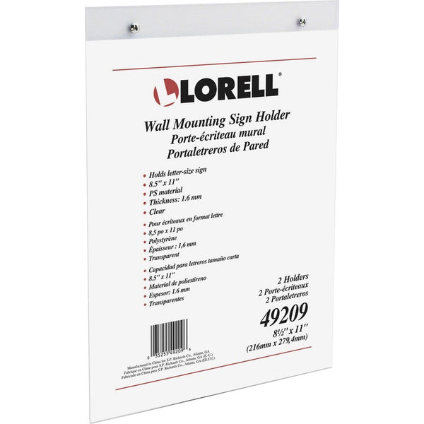 Lorell Wall-Mounted Sign Holder, Support 8.50" x 11" Media, Acrylic, 1 Pack, Clear (LLR49209)