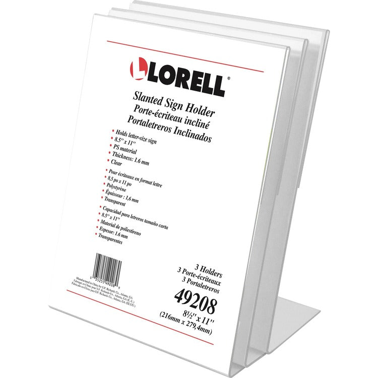 Lorell L-base Slanted Sign Holder Stand, Support 8.50" x 11" Media, Acrylic, 1 / Pack, Clear (LLR49208)