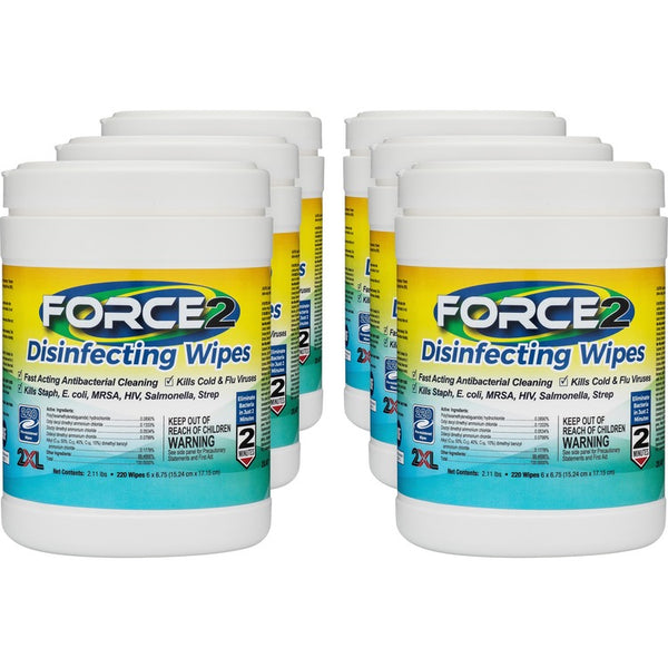 2XL FORCE2 Disinfecting Wipes, Ready-To-Use Wipe6" x 6.75" Length, 220/Can, 2640/Carton, White (TXL407CT) Case of 6