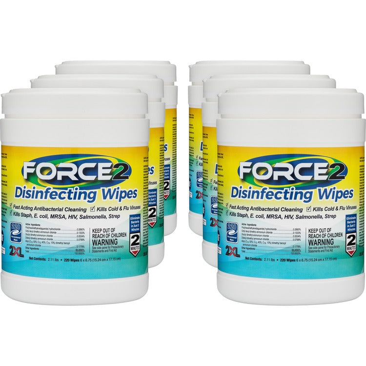 2XL FORCE2 Disinfecting Wipes, Ready-To-Use Wipe6" x 6.75" Length, 220/Can, 2640/Carton, White (TXL407CT) Case of 6